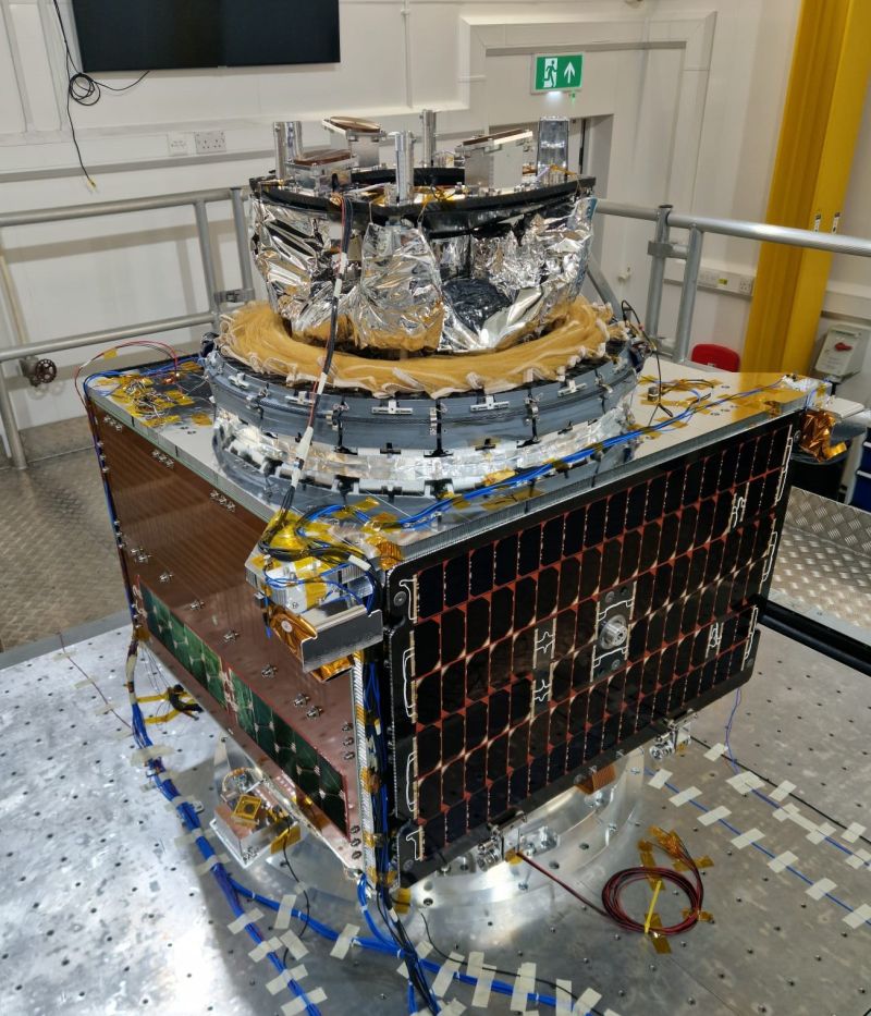 Wrapped-Rib antenna in its stowed flight configuration integrated with SSTL's CarbSAR spacecraft