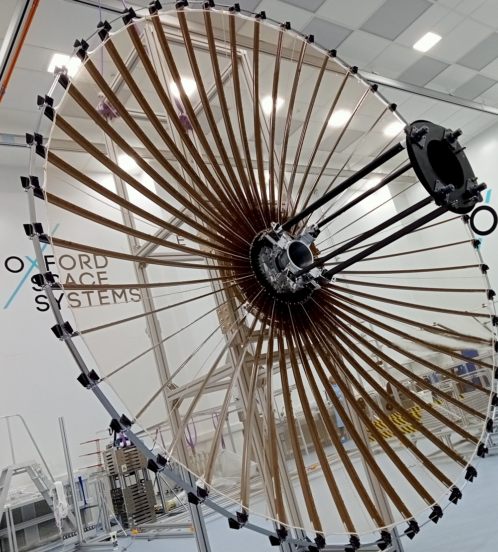 Wrapped-Rib antenna deployed during ground integration at Oxford Space Systems